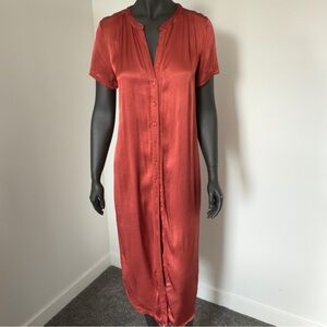 ⚪️ Sugar + Lips Rust Satin Button-Down Midi Dress – Size M